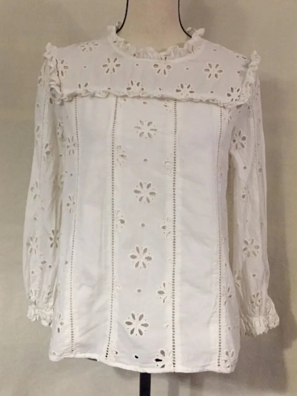 J. Crew ivory white 100% cotton long sleeve ruffle floral eyelet blouse top